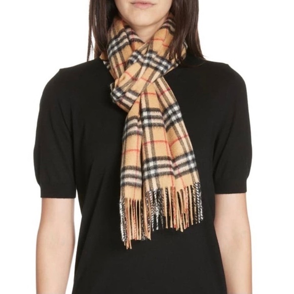 BURBERRYS Pure Cashmere Nova Plaid Scarf Tan Black Red Natural 12 x 53 - Picture 7 of 7